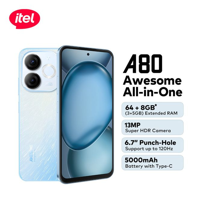 Brand New itel A80 6.7" 3GB RAM/128GB ROM 5000mAh 13MP 4G Android 14-Blue