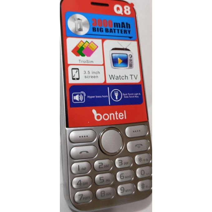 Brand New Bontel Q8, 3,000mah battery, TV phone, 3 sim, silver